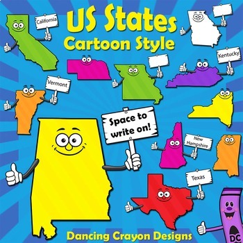 USA State Map Clip Art | 50 Cartoon US States by Dancing Crayon Designs