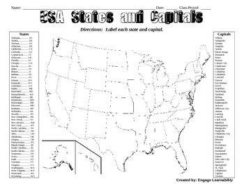 usa states capitals map activity worksheet geography civics us history