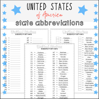 Preview of USA - United States of America - State Abbreviations - reference and quizzes