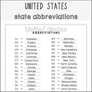 USA United States of America State Abbreviations reference and