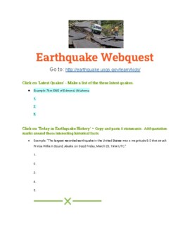 Preview of USGS Earthquake Webquest