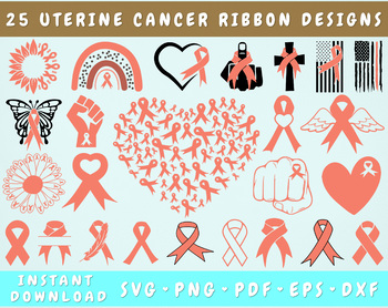 UTERINE CANCER CLIPART BUNDLE | Peach Awareness Ribbon SVG, PNG | 25