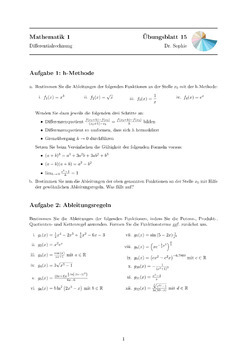 Preview of Übungsblatt #15 Mathematik 1: Differentialrechnung