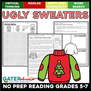 Preview of Ugly Christmas Sweater Reading Comprehension | December Activities | Word Search