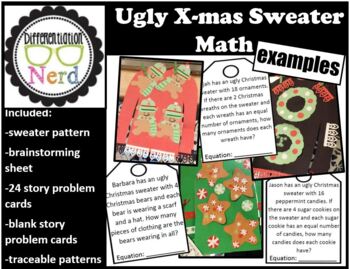 Preview of Ugly Christmas Sweater Multiplication and Division Story Problem Art Project