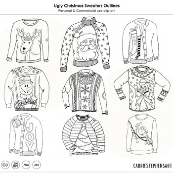 Ugly Christmas Sweater Party ClipArt Outlines! Christmas Coloring Line Art