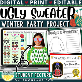 Preview of Ugly Christmas Sweater STEM Coloring Sheets Class Party Writing Template Craft