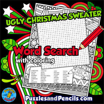 Preview of Ugly Christmas Sweater Word Search Puzzle Activity Page with Coloring