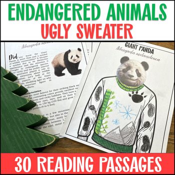 Preview of Earth Day or Christmas Ugly Sweater - Endangered Animals with Reading Passages