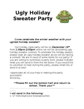 Preview of Ugly Holiday Sweater Cookie Decorating Party Parent Letter