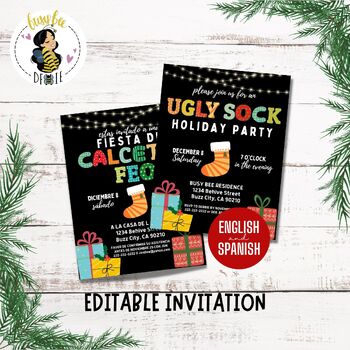 Preview of Ugly Sock Christmas Party Invitation Printable | Holiday Spanish Fiesta Invite