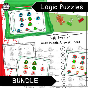 Preview of Ugly Sweater Christmas Logic Puzzle Brain Teaser Enrichment Activity Bundle