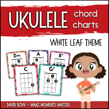 Preview of Ukulele Chord Charts and Flash Cards with Finger Numbers - White Leaf Theme