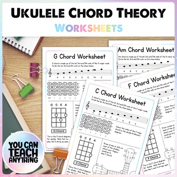 Preview of Ukulele Chord Theory Worksheets for C, G, A minor and F Chords