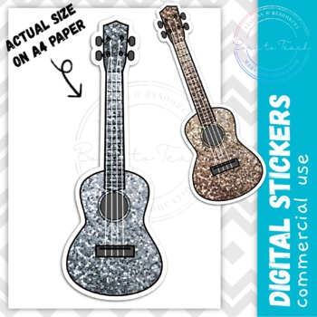 Preview of Ukulele Clipart Digital Planner Stickers Gold and Silver Glitter