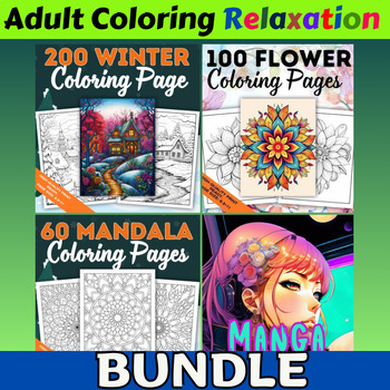 Preview of Ultimate Adult Coloring Relaxation BUNDLE: Manga, Mandala, Winter, Flower