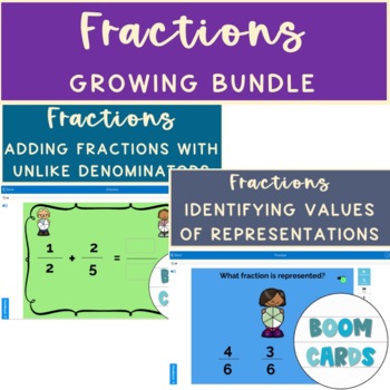 Preview of Ultimate Fractions Adding, Subtracting & Simplifying Boom Cards Growing Bundle