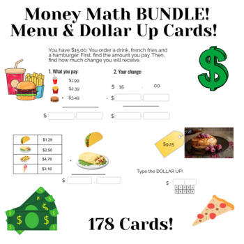Preview of Ultimate Menu & Dollar Up Math BOOM CARDS Bundle! Money Math: 178 Cards!