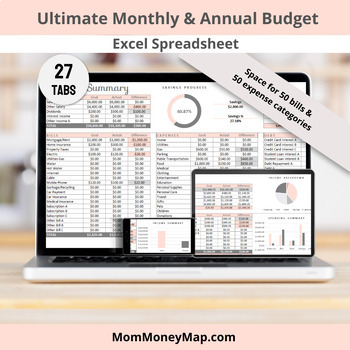 Preview of Ultimate Monthly & Annual Budget Excel Spreadsheet with Extra Bill Lines