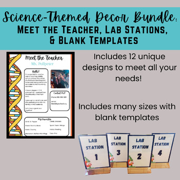 Preview of Science-Themed Decor Bundle: Meet the Teacher, Lab Stations, & Blank Templates