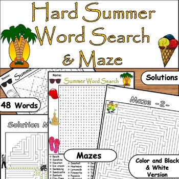 Preview of Ultimate Summer Fun Hard Word Search & Maze Activity with 48 Words Find Puzzles