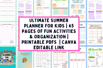 Preview of Ultimate Summer Planner for Kids | 45 Pages Activities | PDF or Canva Editable