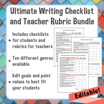 Preview of Ultimate Writing Checklist + Teacher Rubric BUNDLE *Editable* | 10 Genres