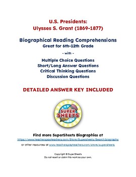 Preview of Ulysses S. Grant Biography: Reading Comprehension & Questions w/ Answer Key