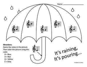 Umbrella Treble Clef Note Identification Coloring Page/Worksheet