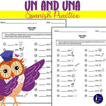 Preview of Un and Una Spanish Practice Worksheets