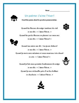 Un Poeme J Aime L Hiver Original Winter Themed French Poem Tpt