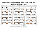 Unaccented Final Syllables Sorting Activity & Game -cher, 