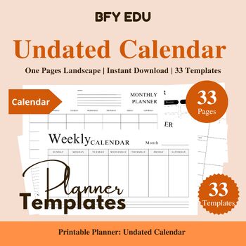 Preview of Undated Calendar Printable Landscape 33 Templates, Instant Download