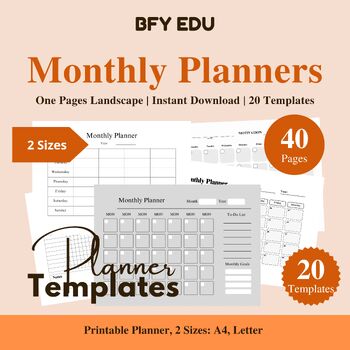 Preview of Undated Monthly Planner Printable Landscape 2 Sizes, 20 Templates, 40 Pages