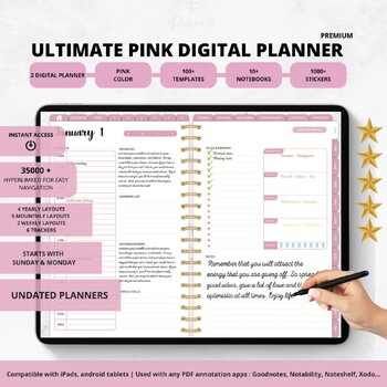 Preview of Undated Pink Digital Planner Daily Weekly Monthly Yearly Digital Journal