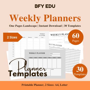 Preview of Undated Weekly Planner Printable Landscape 2 Sizes, 30Templates, 60 Pages