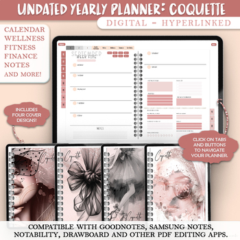 Preview of Undated Yearly Digital Planner Coquette - any PDF editor compatible