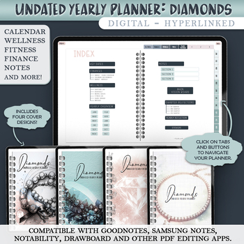 Preview of Undated Yearly Digital Planner Diamonds - any PDF editor compatible