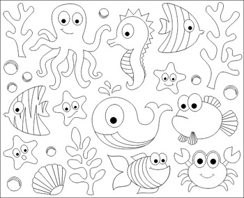 Under The Sea Black And White Clip Art - Fishes, Whale ...