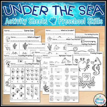 Preview of Under The Sea NO PREP Ocean Themed Worksheets for Preschool, Pre-K, and Daycare