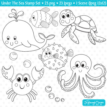 Preview of Under The Sea / Ocean Animals Theme - Stamps / Clip Art / Colouring Page (S21)