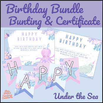 Preview of Ocean Theme Birthday Bunting Banner Display and Birthday Certificates Bundle