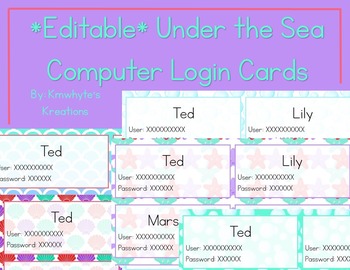 Preview of Under the Sea Computer Login Cards - Editable