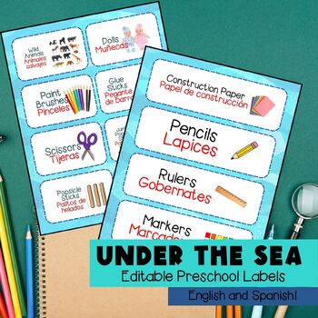 Preview of Under the Sea Editable Preschool Labels (Bilingual: English & Spanish)