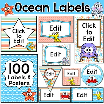 Preview of Ocean Theme Editable Labels and Templates - Under the Sea Theme Classroom Decor