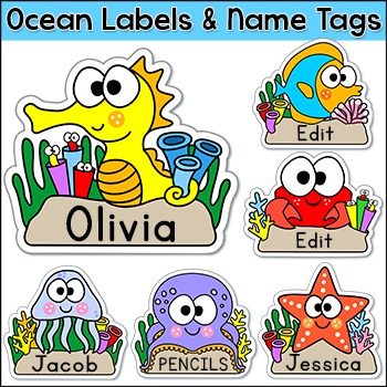 Preview of Editable Name Tags - Under the Sea Ocean Theme Classroom Decor