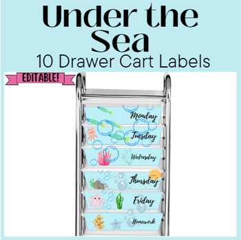 Preview of Under the Sea Theme Cute Ocean Decor Classroom 10 Drawer Rolling Cart Labels