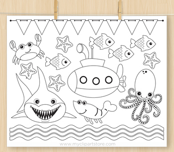 Under The Sea Clipart 2 Blackline Color Me With Outlines Tpt