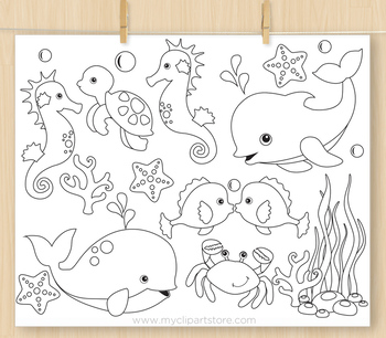 Under The Sea Clipart 1 Blackline Color Me With Outlines Tpt