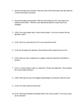Preview of Undercover Boss: Choice Hotels (Season 2, Episode 1) guided questions worksheet